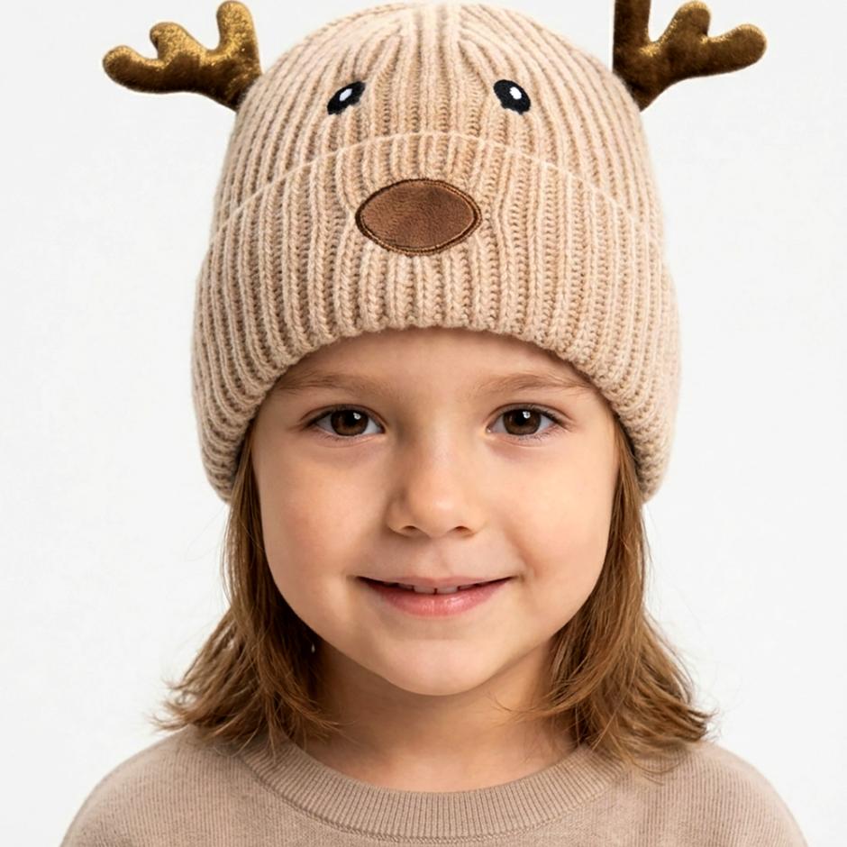 Beanie til børn Beige med rensdyr